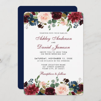 Watercolor Burgundy Blue Floral Elegant Wedding B Invitation