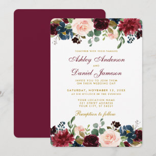 Watercolor Burgundy Blue Floral Elegant Wedding G Invitation