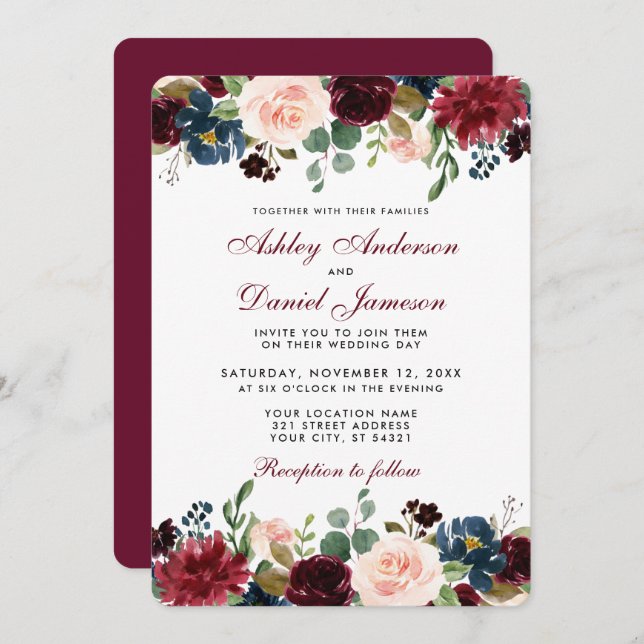 Watercolor Burgundy Blue Floral Elegant Wedding Invitation (Front/Back)