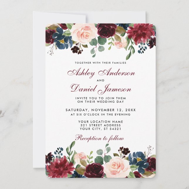 Watercolor Burgundy Blue Floral Elegant Wedding W Invitation (Front)
