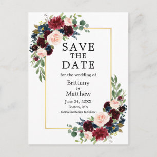 Watercolor Burgundy Blue Floral Gold Save the Date Postcard