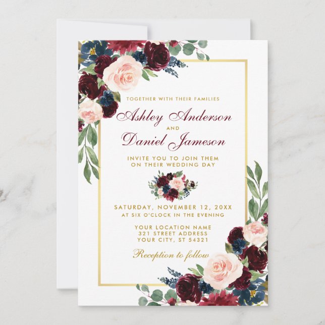 Watercolor Burgundy Blue Floral Gold Wedding W Invitation (Front)