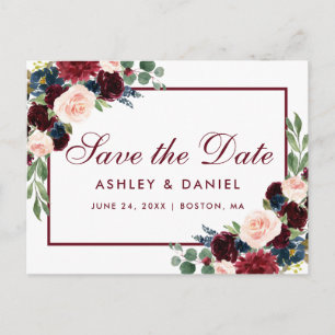 Watercolor Burgundy Blue Floral Save The Date Announcement Postcard