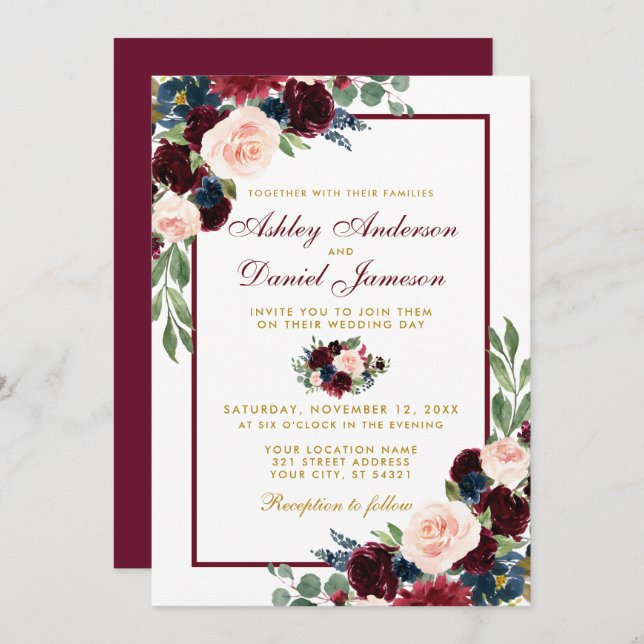 Watercolor Burgundy Blue Floral Wedding B Invitation (Front/Back)