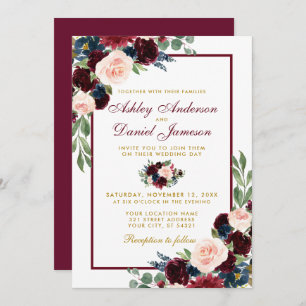 Watercolor Burgundy Blue Floral Wedding B Invitation