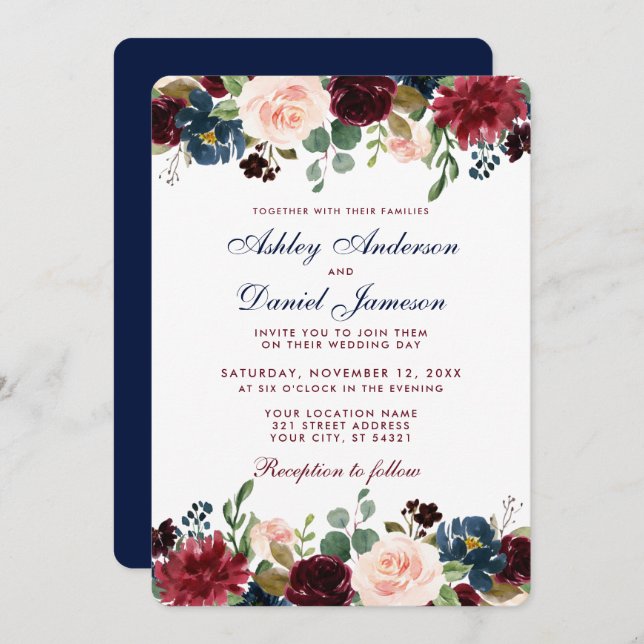 Watercolor Burgundy Blue Floral Wedding Elegant Invitation (Front/Back)