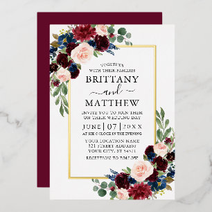 Watercolor Burgundy Blue Floral Wedding Gold