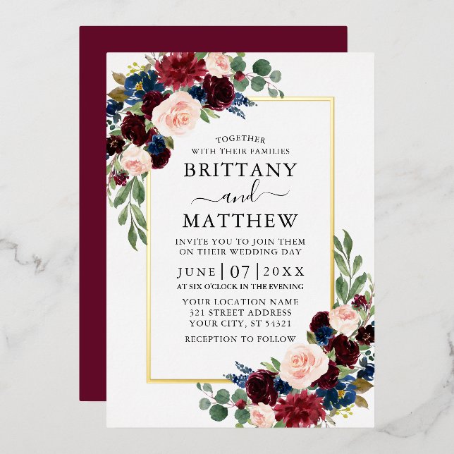 Watercolor Burgundy Blue Floral Wedding Gold (Front/Back)