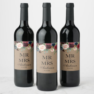Watercolor Burgundy Blue Floral Wedding Kraft Wine Label