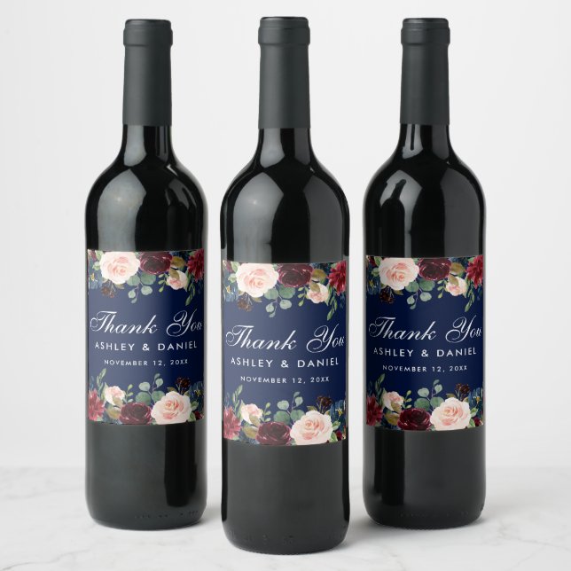Watercolor Burgundy Blue Floral Wedding Wine Label (Bottles)