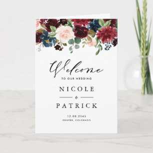Watercolor Burgundy & Blue Flowers Wedding Booklet Programme
