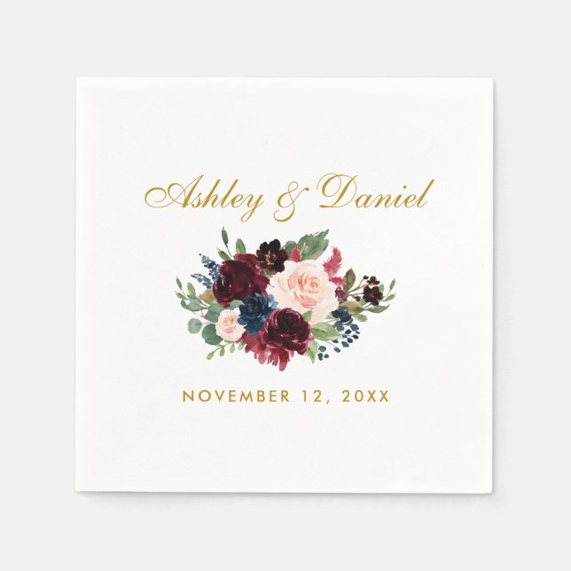Watercolor Burgundy Blue Gold Wedding Floral Napkin (Front)
