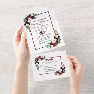 Watercolor Burgundy Blue Mixed Floral Wedding All In One Invitation