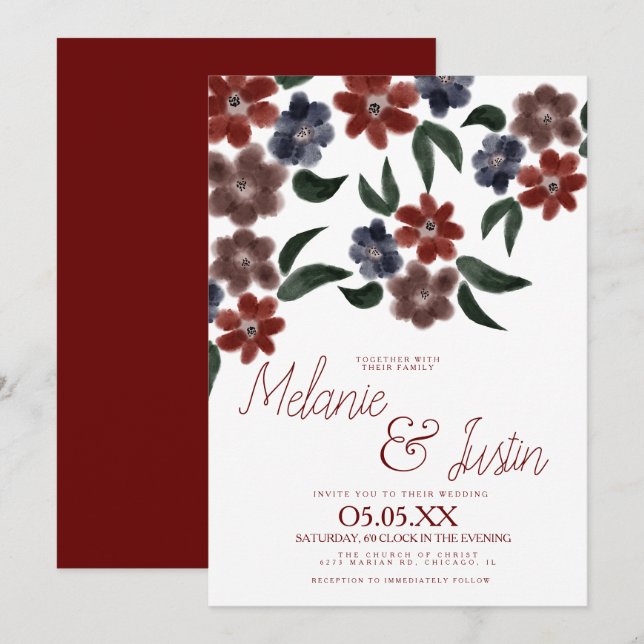 Watercolor Burgundy Blue Plush Pink Floral Wedding Invitation (Front/Back)
