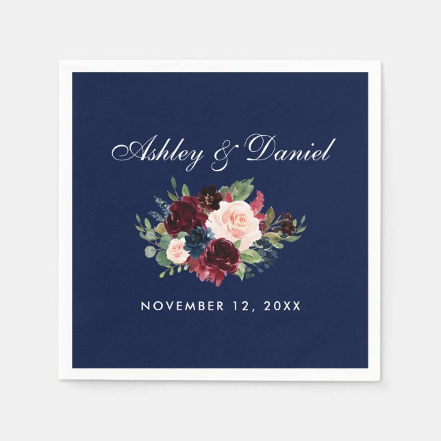 Watercolor Burgundy Blue Wedding Floral Napkin (Front)