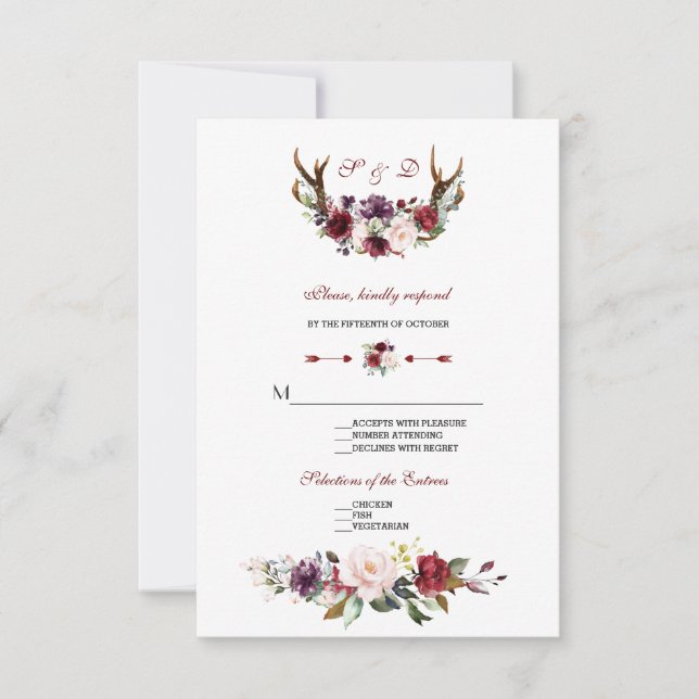 Watercolor Burgundy Blush Floral Antlers Wedding RSVP Card (Front)