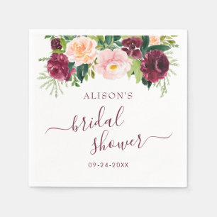 Watercolor Burgundy Blush Floral Bridal Shower Napkin