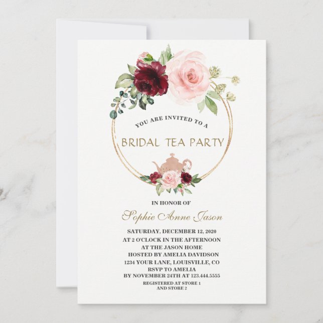 Watercolor Burgundy Blush Floral Bridal Tea Party Invitation (Front)