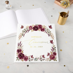Watercolor Burgundy Blush Floral Quinceañera Guest Book