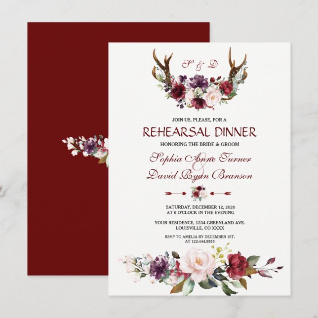 Watercolor Burgundy Blush Floral Rehearsal Dinner Invitation (Front/Back)