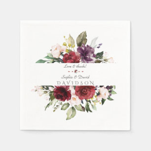 Watercolor Burgundy Blush Flowers Frame Wedding Napkin