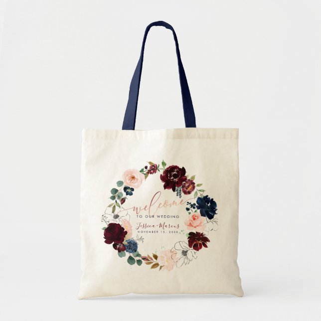 Watercolor Burgundy + Blush Flowers Welcome Tote Bag (Front)