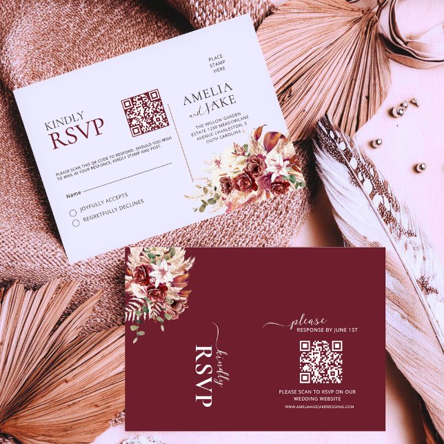 Watercolor Burgundy Blush Gold QR Wedding RSVP Card (Creator Uploaded)