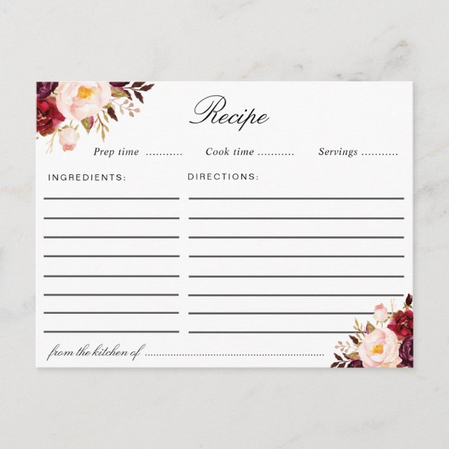 Watercolor burgundy blush pink floral recipe card (Front)