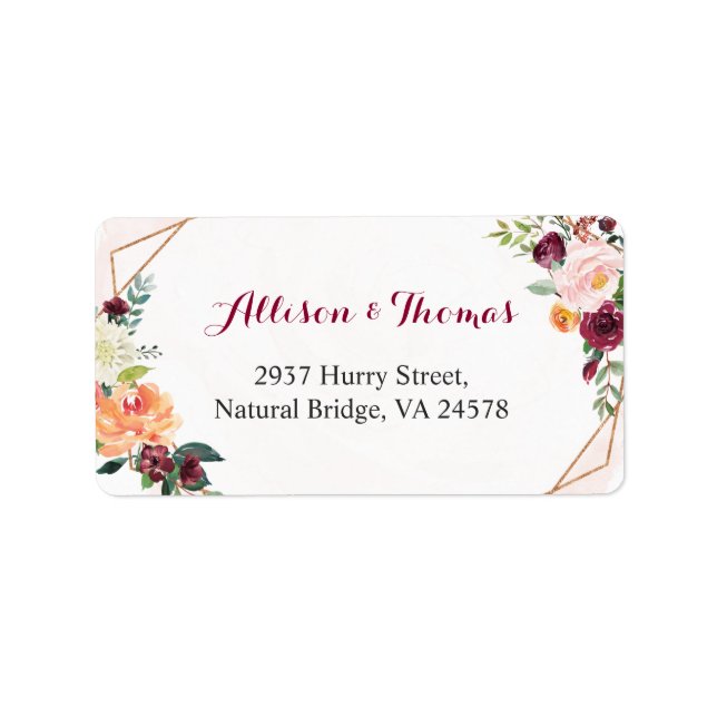 Watercolor Burgundy Blush Pink Floral Wedding Label (Front)