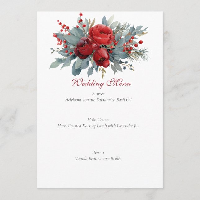 Watercolor Burgundy & Blush Roses wedding Menu (Front)