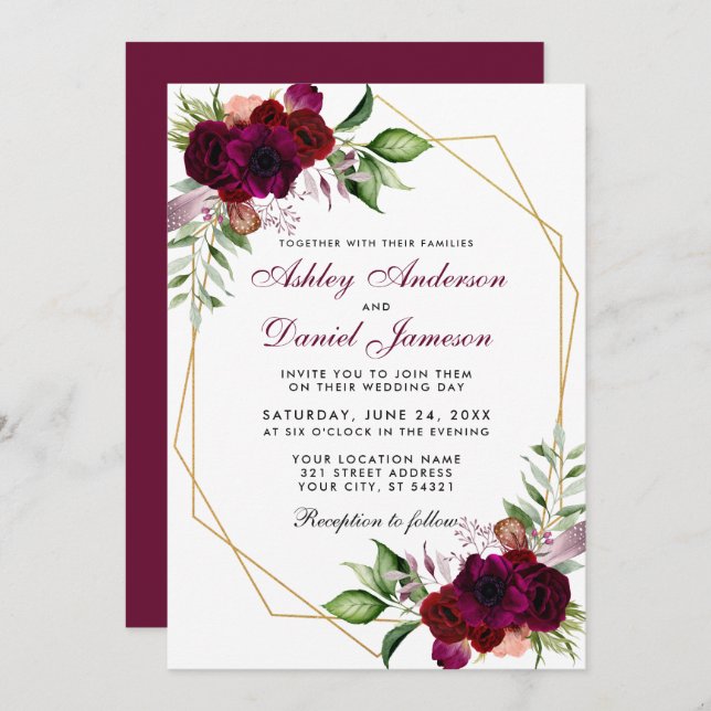 Watercolor Burgundy Boho Floral Gold Frame Wedding Invitation (Front/Back)