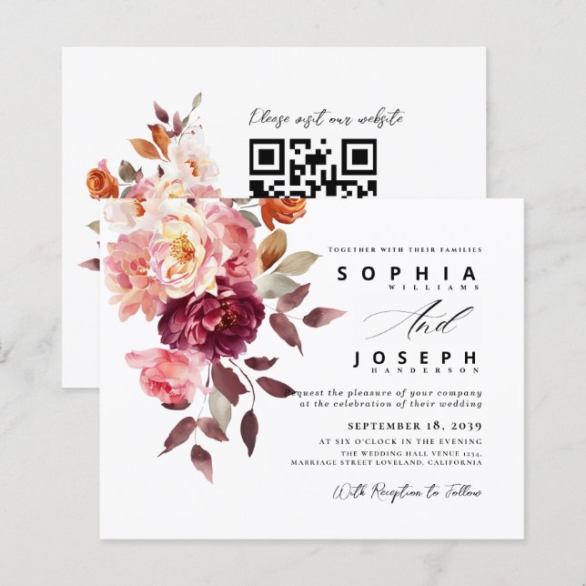 watercolor Burgundy Bouquet Floral Wedding (Front/Back)