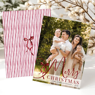 Watercolor Burgundy Bow Merry Christmas Photo Holiday Card