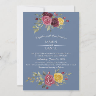 Watercolor Burgundy Country Roses Pink Blue Invitation