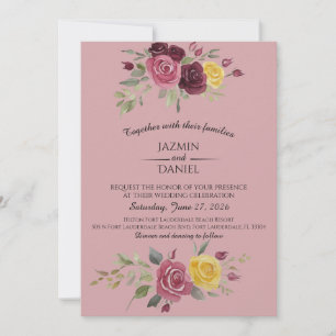  Watercolor Burgundy Country Roses Pink Invitation