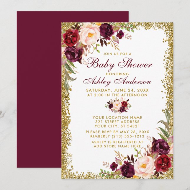 Watercolor Burgundy Floral Baby Shower Glitter Invitation (Front/Back)
