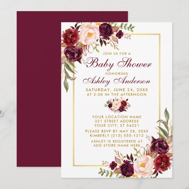 Watercolor Burgundy Floral Baby Shower Gold Invitation (Front/Back)