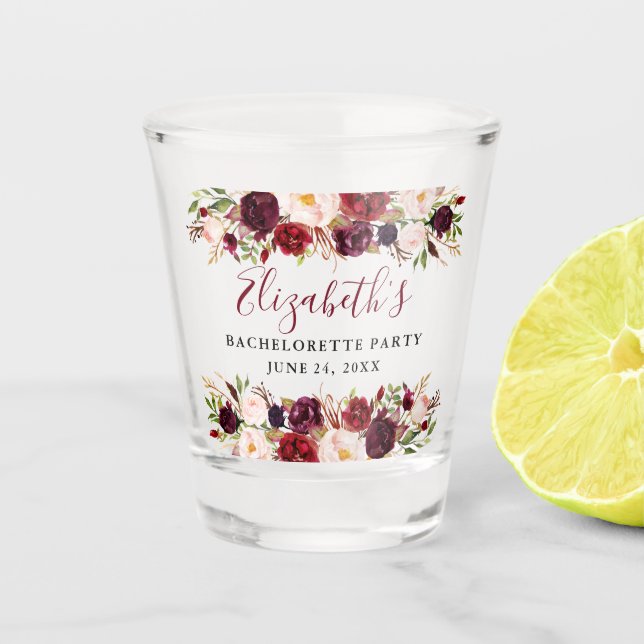 Watercolor Burgundy Floral Bachelorette Party Shot Glass (Front)
