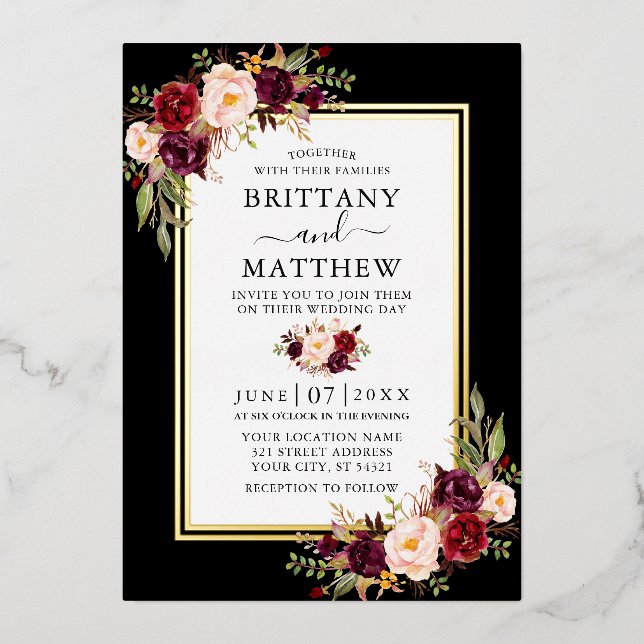 Watercolor Burgundy Floral Black 2 Frame Gold (Front)