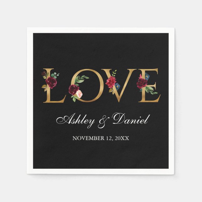Watercolor Burgundy Floral Black Gold Love Wedding Napkin (Front)