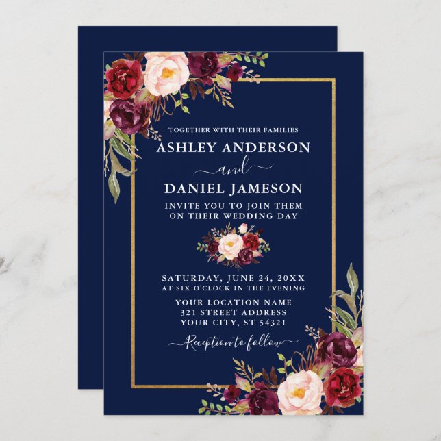 Watercolor Burgundy Floral Blue Gold Wedding Invitation (Front/Back)