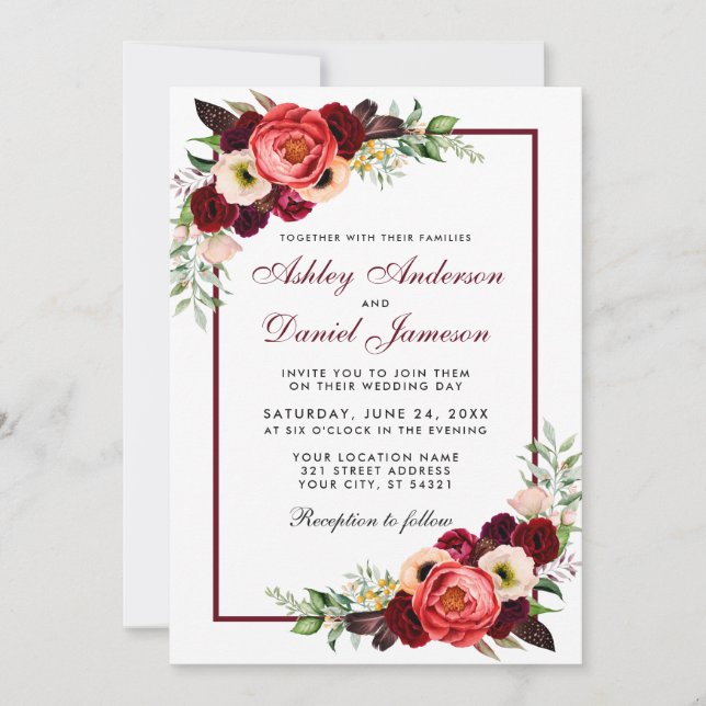 Watercolor Burgundy Floral Boho Wedding Invite (Front)