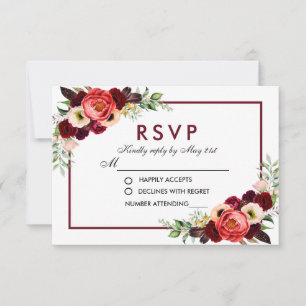 Watercolor Burgundy Floral Boho Wedding RSVP Card