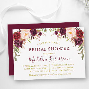 Watercolor Burgundy Floral Bridal Shower Gold Invitation