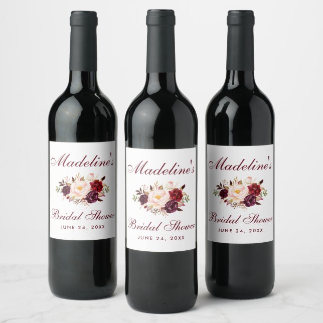 Watercolor Burgundy Floral Bridal Shower Wine Label (Bottles)