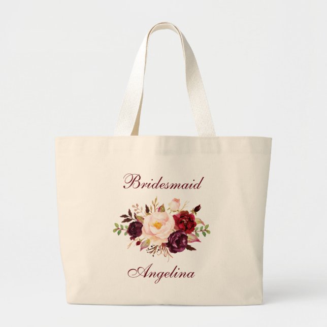 Watercolor Burgundy Floral Bridesmaid Name Large Tote Bag (Front)