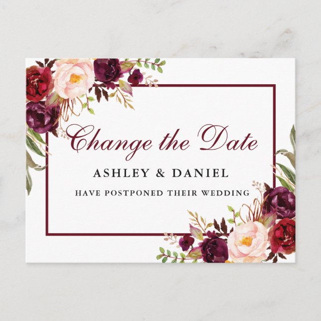 Watercolor Burgundy Floral Change The Date Postcard (Front)