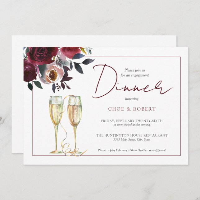 Watercolor Burgundy Floral Engagement Dinner Invitation (Front/Back)