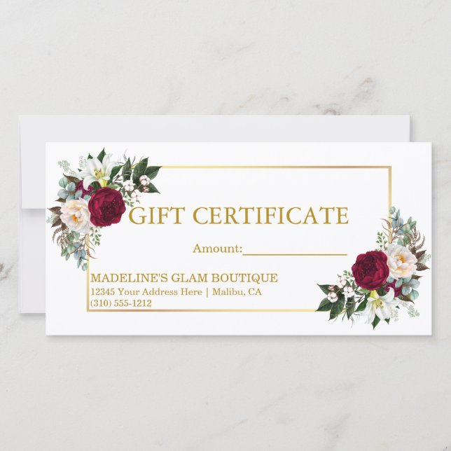 Watercolor Burgundy Floral Gift Certificate Gold (Front)