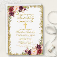 Watercolor Burgundy Floral Glitter First Communion